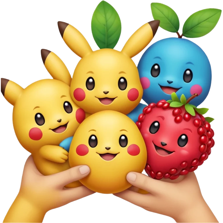 Three Pokémon characters showing kindness and teamwork. One Pokémon is handing a berry to another, while the third Pokémon is cheering and clapping happily. They look joyful and friendly, standing close together in a bright, colorful cartoon scene. The style is cute, playful, and emoji-like. emoji