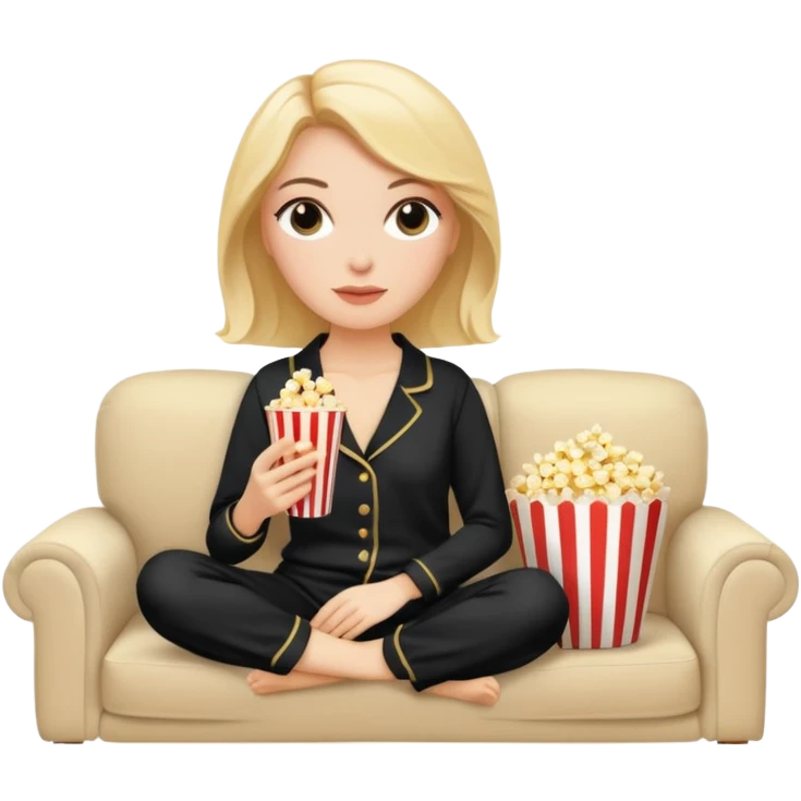 Stylish white woman with makeup in black pyjama watching tv with popcorn on beige couch emoji