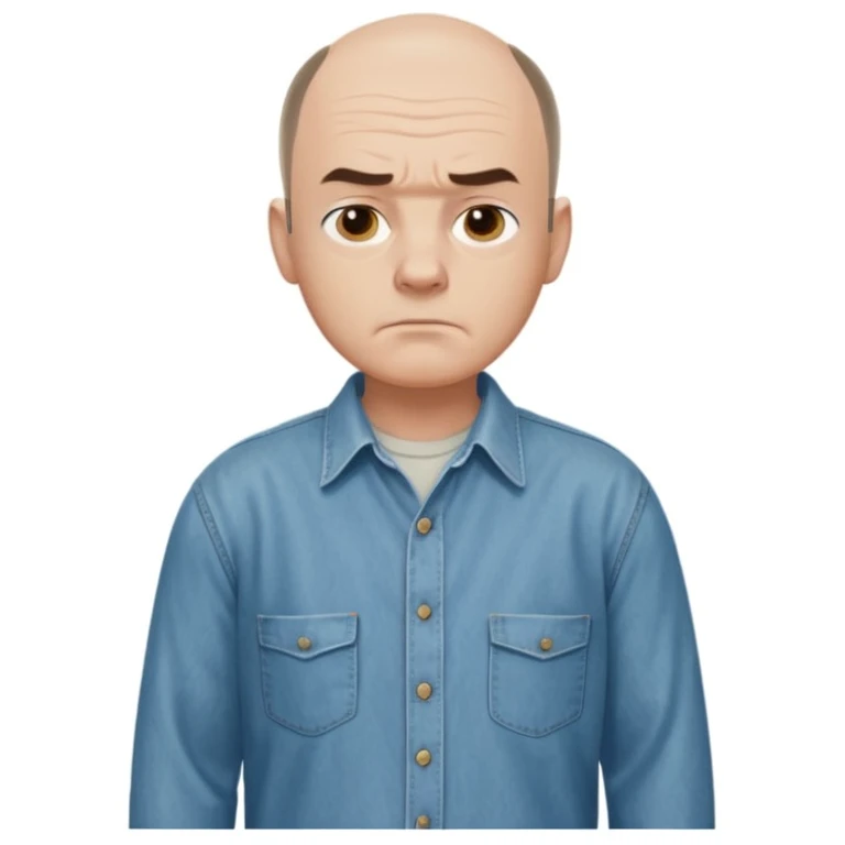 Carl from Sling Blade, serious expression, recognizable features, neutral background, full body, chin sticking out, slouching posture emoji
