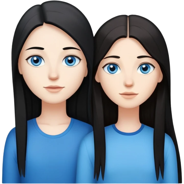 Lesbian couple with white skin. One with long straight black hair. One with long straight brown hair. Both with blue eyes. emoji