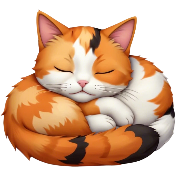 Meme-Worthy Cute Sleeping Calico Cat Portrait Emoji, Head resting peacefully with a content, gentle smile and softly closed eyes, featuring a delicate patchwork fur in vibrant orange, black, and white hues, simplified yet irresistibly endearing, highly detailed, glowing with a soft, drowsy radiance, high shine, exuding relaxed and utterly lovable charm, styled with a gentle, soft glowing outline, capturing the essence of a sleeping calico cat that appears destined to become a viral icon of adorable rest! emoji