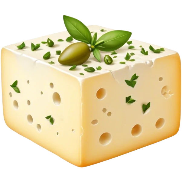 Cinematic Realistic Feta Cheese Dish Emoji, depicted as a block of crumbly, tangy cheese garnished with olive oil and herbs rendered with lifelike detail and soft natural lighting. emoji