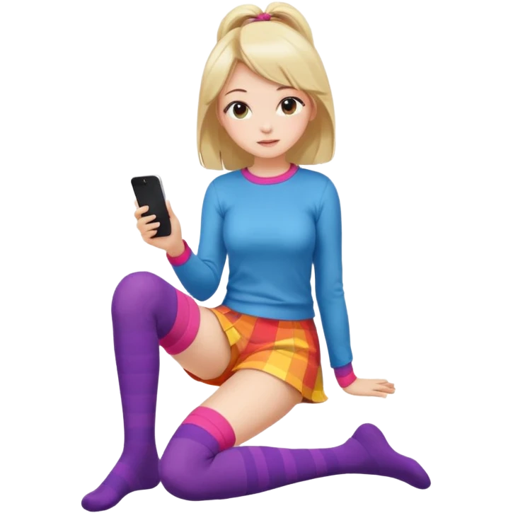 Cute girl thigh high socks sitting legs out, colorful clothes emoji