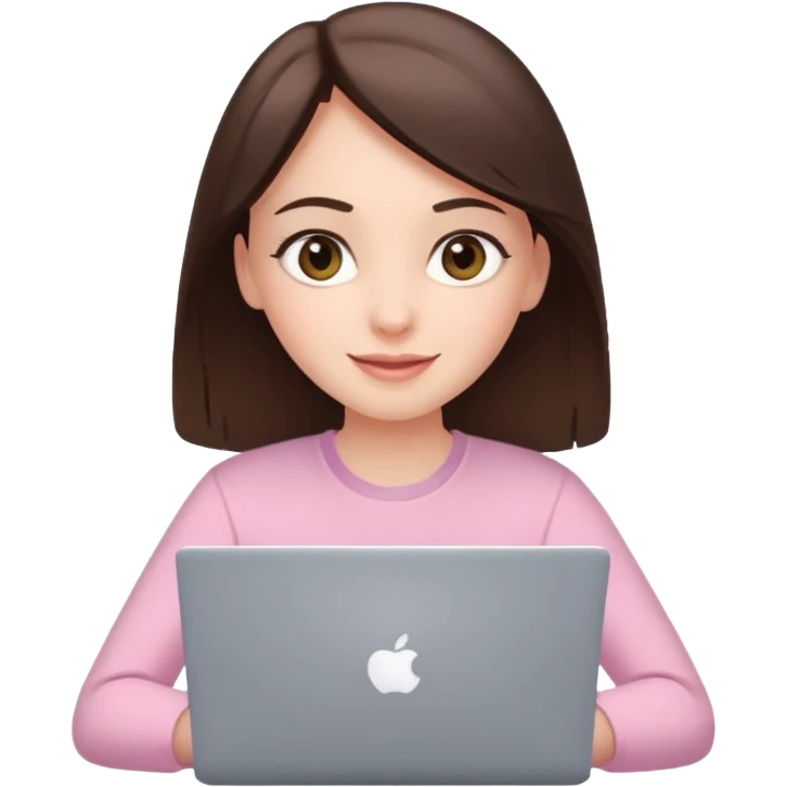 happy white brunette girl with hazel eyes in light pink using laptop emoji