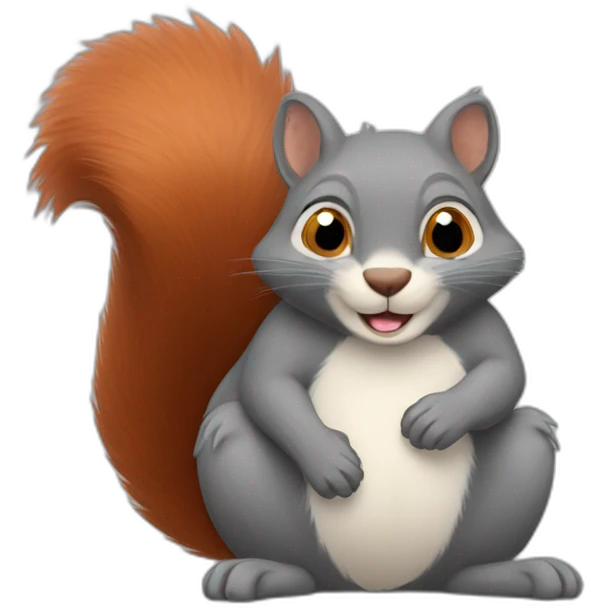 a red squirrel in the arms of a gray cat emoji