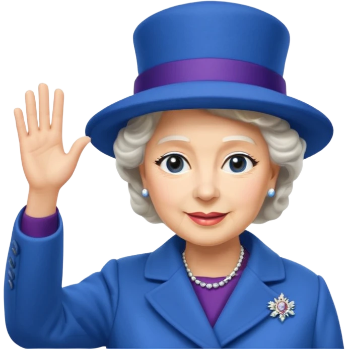 Queen Elizabeth II emoji, waving hand, blue hat and coat emoji