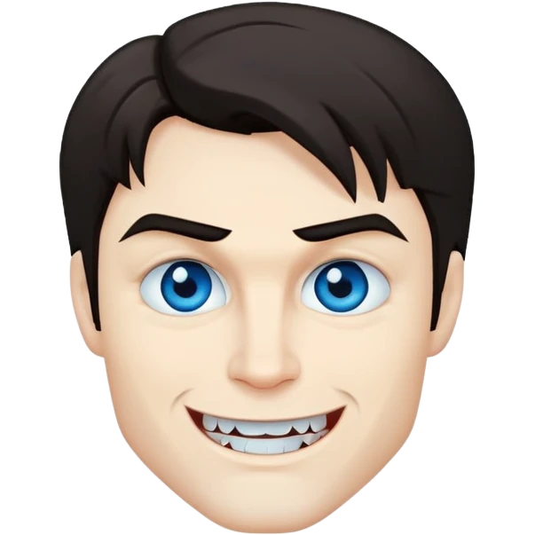 Damon Salvatore as a vampire with dark hair, blue eyes, fangs, smirking expression emoji