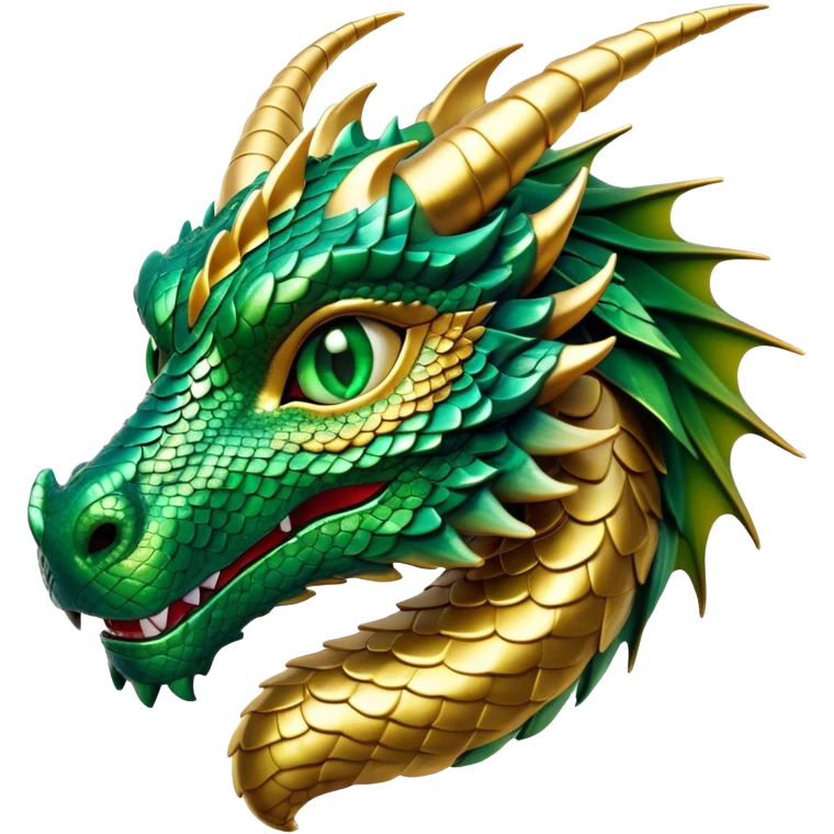 Cinematic Noble Dragon Portrait Emoji, Poised and majestic, with a sinuous, elongated body covered in intricately detailed, shimmering scales in hues of emerald and gold, and piercing, fiery eyes that reflect ancient wisdom; rendered with lifelike texture and natural highlights, high shine, intelligent and formidable, styled with an aura of mythic power, focused and attentive, soft glowing outline, capturing the essence of a legendary dragon that appears ready to soar out of the screen with timeless authority! emoji