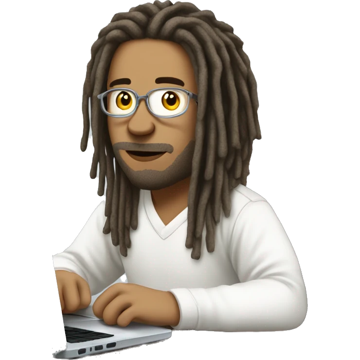 white-guy-with-dreads-wearing-white-trackstuit-sitting-down-on-chair facing-foward-focused-on-laptop-computer- emoji