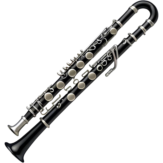 Create an emoji, representing a black standard clarinet. The design should feature a smooth, glossy black body of the clarinet with shiny, silver keys clearly visible. Highlight the intricate details of the mouthpiece and reed at the top, while the body of the instrument should remain simple and elegant. Add subtle musical notes or soundwaves floating around the instrument to symbolize its clear, melodic sound. Use black for the body, silver for the keys, and soft lighting effects to give the instrument a polished, sophisticated look. The background should be transparent. emoji