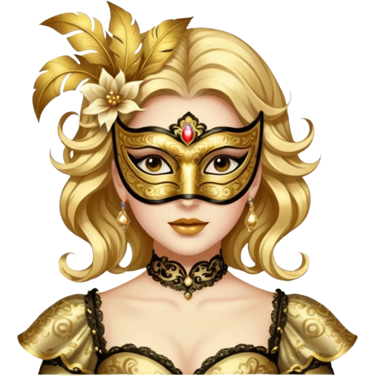 A woman in an ornate gold masquerade mask and elegant outfit, holding the mask delicately. emoji