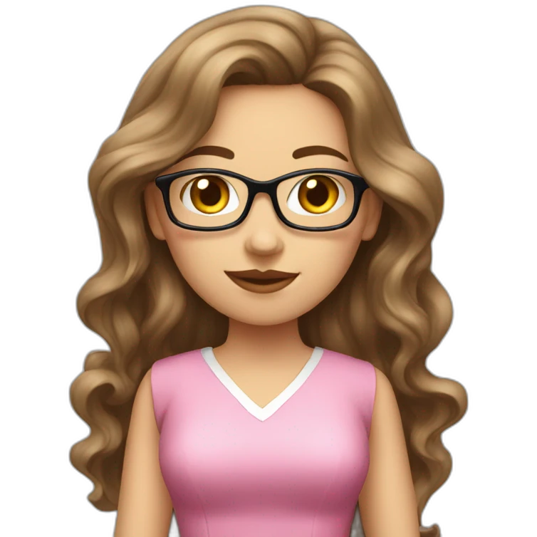 brunette wavy long hair nerd girl, wearing a pink dress, pink mouth emoji