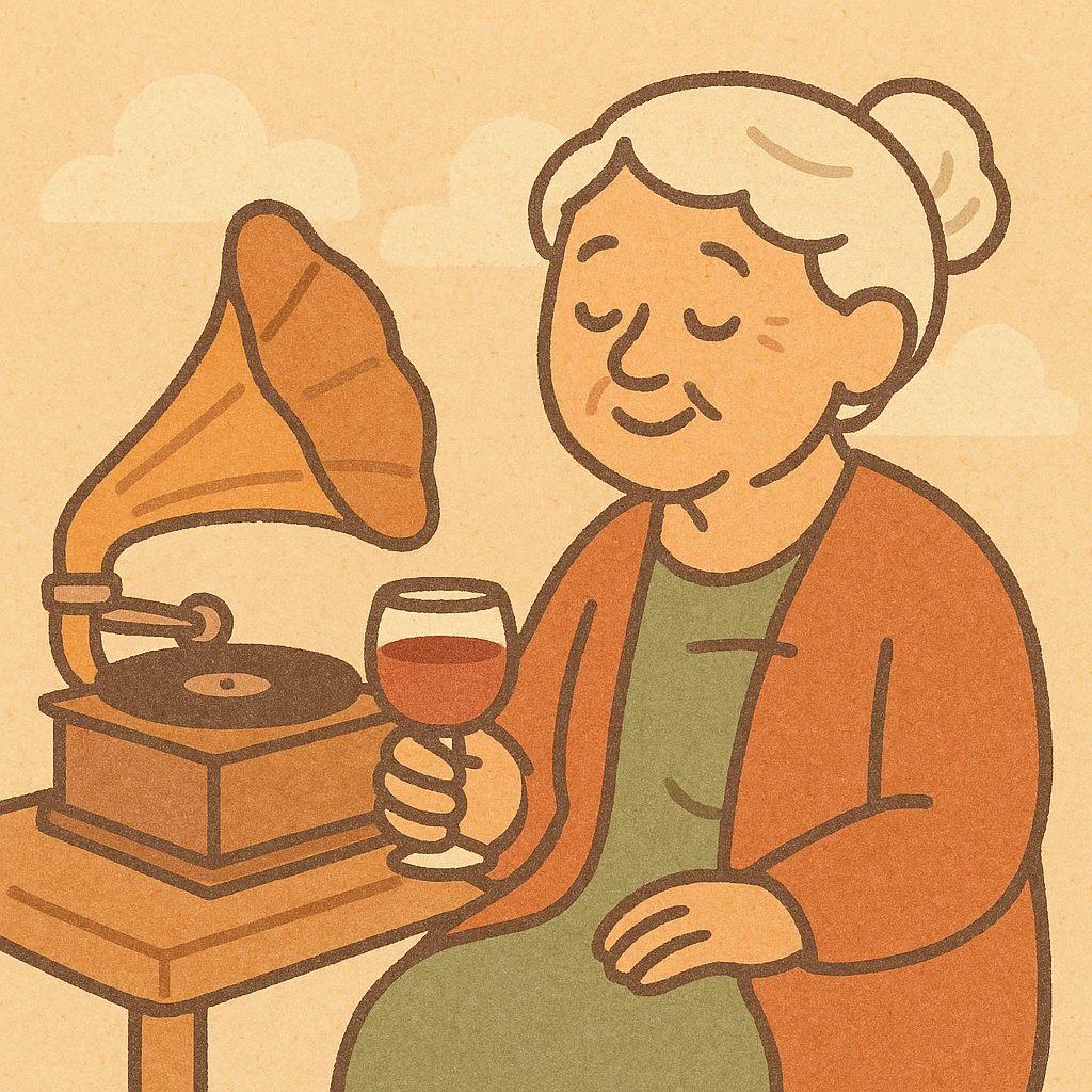 old lady with wineglass listening to gramophone emoji