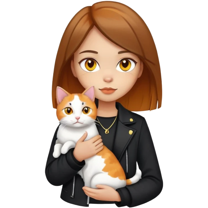 Light-skinned girl with brown straight hair wearing a black jacket, holding one pure white cat with yellow eyes and one calico cat with orange and black patches emoji