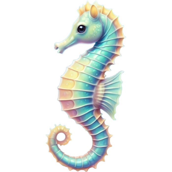 Cinematic Cute Sea Horse Portrait Emoji, Head tilted playfully and inquisitively, featuring a charming, petite seahorse with a softly curved body in pastel tones, a delicately coiled tail and round, sparkling eyes full of gentle wonder, Simplified yet irresistibly adorable features, highly detailed, glowing with a warm, inviting aquatic glow, high shine, affectionate and lively, stylized with a touch of enchanting marine charm, soft glowing outline, capturing the essence of a mischievous yet loving seahorse that seems as if it could float out of the screen into your arms! emoji