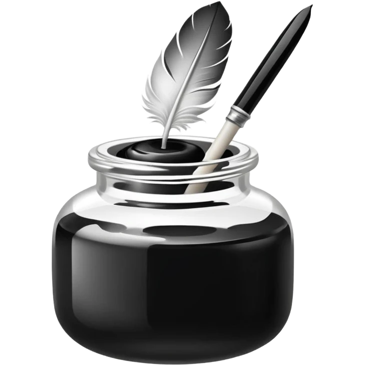 polished white ink pot, vintage style, with a lightly curved white feather quill dipped in, minimal and glossy, black background, emoji style emoji