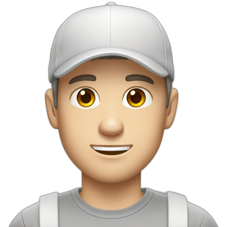 Pale skinned fit Man with dark brown hair in a white cap, gray jeans and gray polo T-shirt keeping a pasted with tape box into his hands emoji