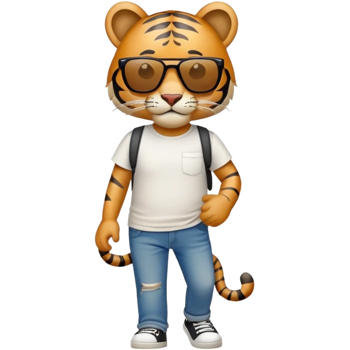 anthropomorphised tiger in a band t-shirt and jeans with sunglasses walking upright, relaxed pose emoji