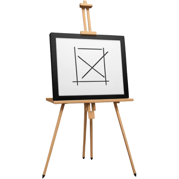 Minimalistic flat vector icon, iOS style, thin black contour on white background. Easel holding a canvas with simple sketch lines, pencil beside it. No text, no shadows emoji