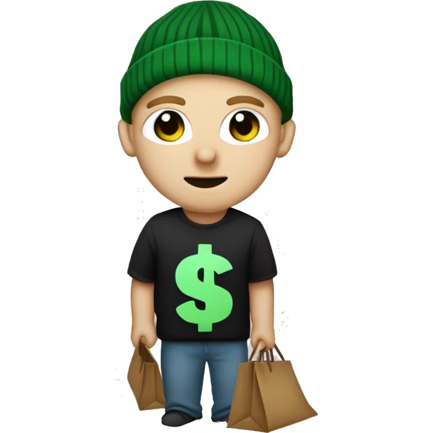 short light hair, large expressive eyes, small neutral mouth, wearing a black beanie, striped t-shirt or sweater, accessorized with a black eye-cutout mask and holding a brown bag with a green dollar sign. emoji