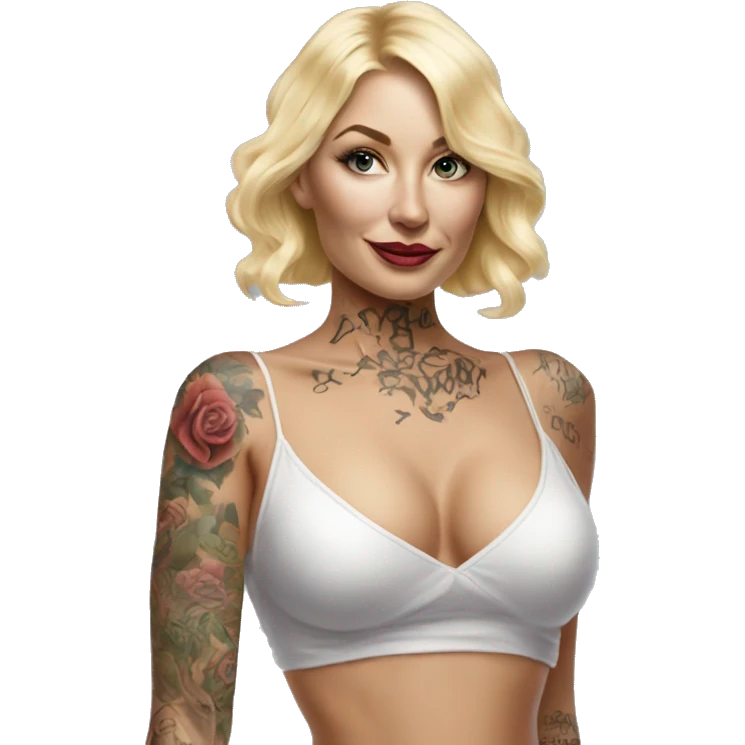 Blonde elegant women, her Body Covered with Tattoos, POINTING YOU with her ONE HAND , Hyper realistic emoji