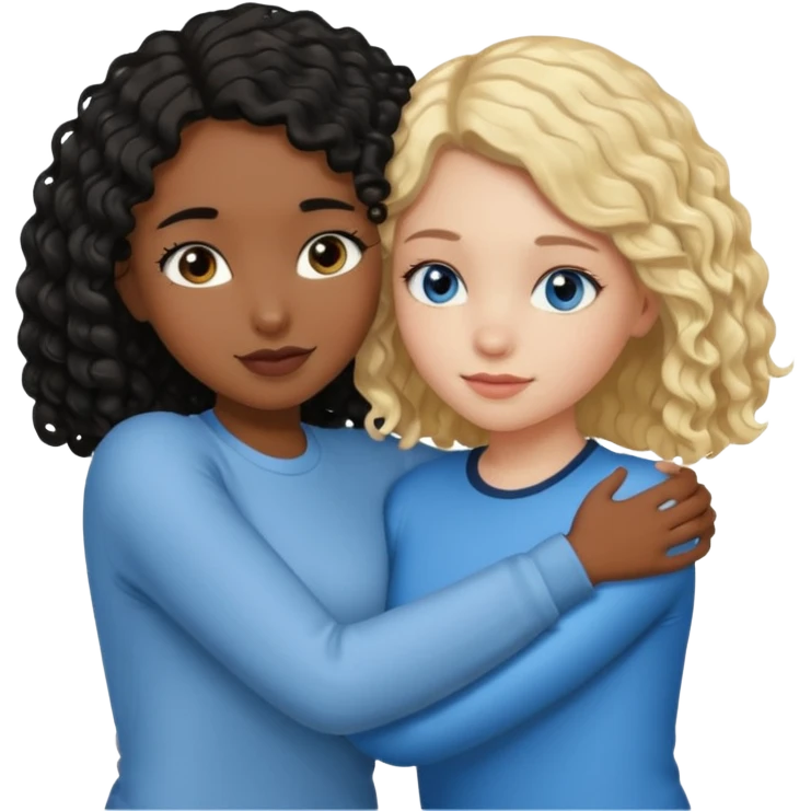 Girl best friends, one white with blond bob and blue eyes, one shorter black girl with long black curly hair, hugging emoji