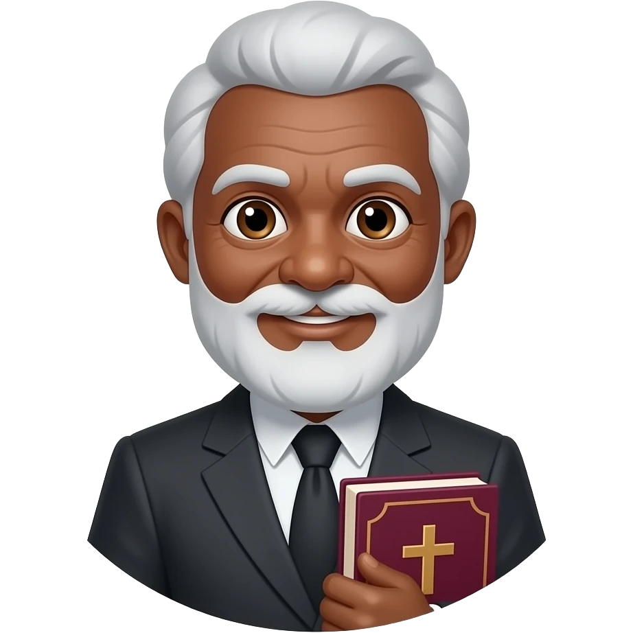 wise old man with grey hair "no suit or tie" slight smile brown eyes white beard black skin with burgundy book that has a cross on it no circle emoji
