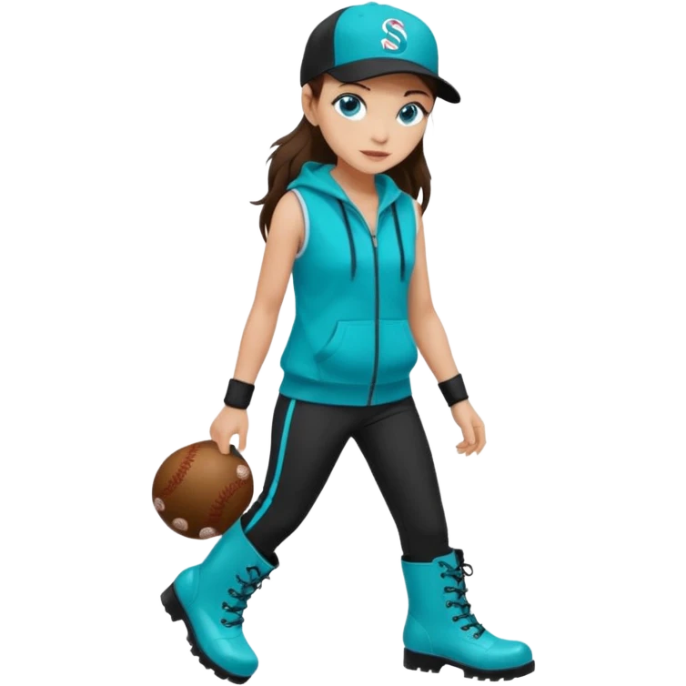 A landscaper in a beautiful turquoise hoody and turquoise rubber boots, black pants, and a black sleeveless shirt. On her head is a black color Swissotel baseball cap. The girl is a brunette with blue eyes. emoji