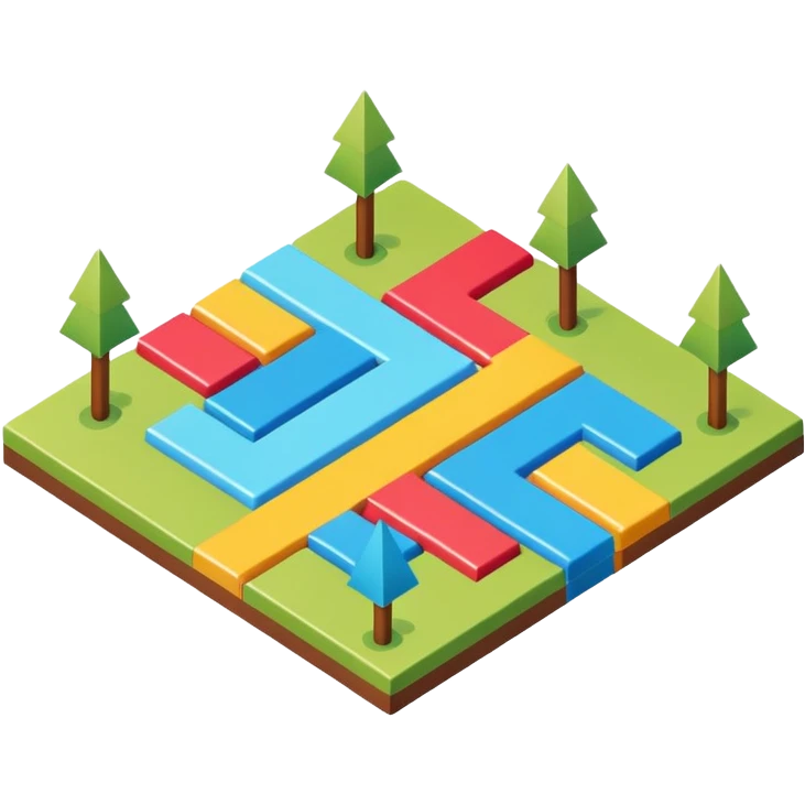 an isometric field with multi-colored tiles and directional arrows emoji