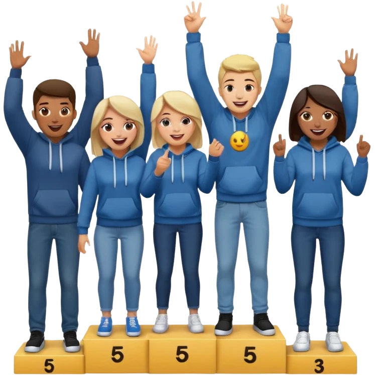five casually dressed, multi-racial people on a winners’ podium, no numbers, all in jeans and hoodies, excited, fun, expressive emoji style emoji