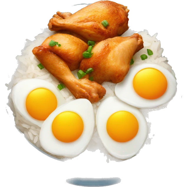 a bowl of rice with two eggs and chicken thigh emoji