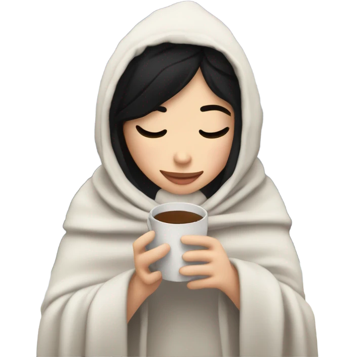 white girl with black hair inside a blanket sipping coffee eyes closed emoji