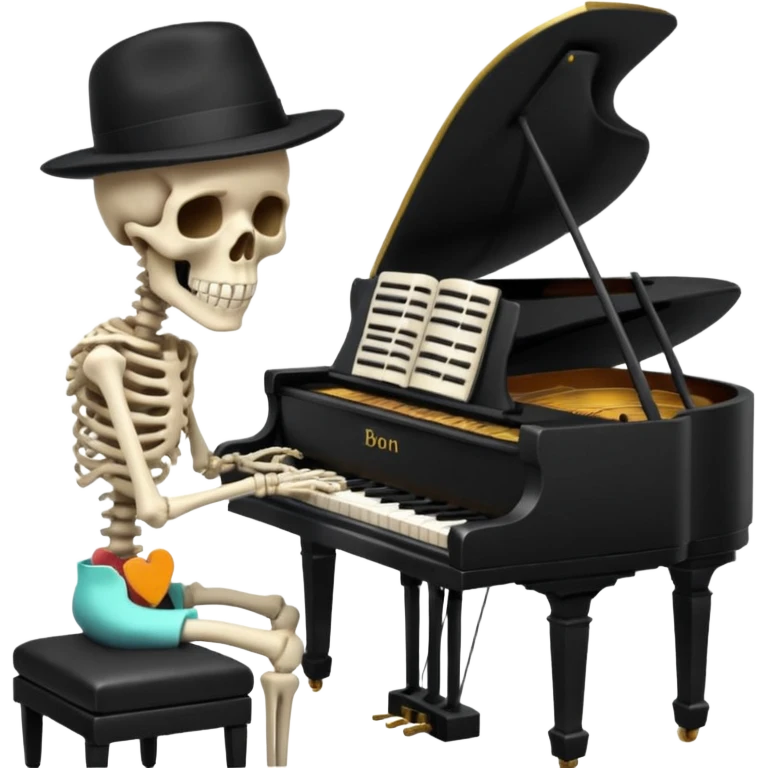 A human skeleton wears a black hat and plays the piano. emoji