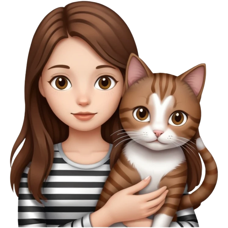 girl with long hair holding a cat with silver stripes emoji