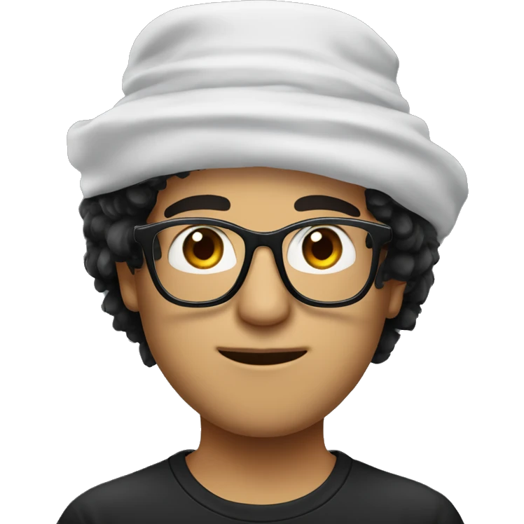 White person with fluffy messy black hair wearing a arabic hat and black glasses emoji