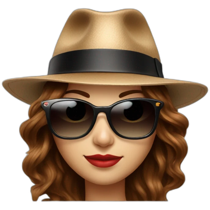 sunglasses on female head with wavy brown hair and a poker hat, playing blackjack emoji