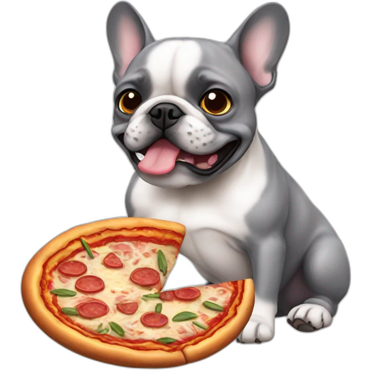 gray french bulldog eating pizza emoji