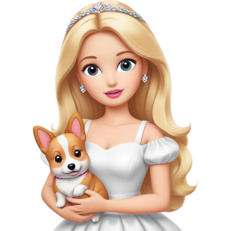 穿白色衣服的白金色长发化妆的欧美芭比女孩抱着柯基 emoji