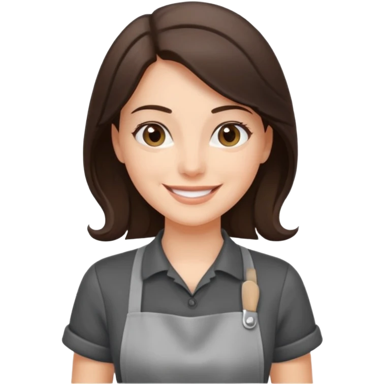 Брюнетка официантка улыбается ф сером фартуке и черной футболке emoji