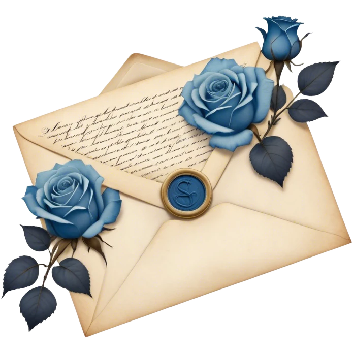 An antique handwritten letter with dried light blue roses and a navy wax seal, vintage aesthetic. emoji