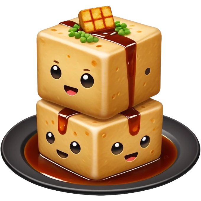 Changsha stinky tofu with dark appearance and sauce, simplified emoji style with bold outlines and bright colors, cartoon style Hunan specialty street food emoji