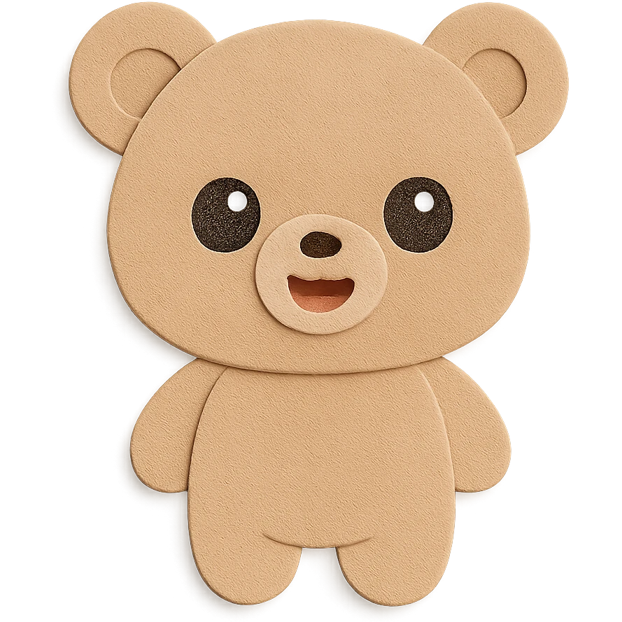 Remove any objects from the bear's hands. Do not add any hair, tail, or blush. The bear should be a simple, super cute, soft pastel brown little bear with a natural, flawless body, big sparkling watery eyes, round face, round ears, chubby body, and a happy open-mouth smile. Use the exact same paper craft visual effect as the reference image. Keep clean lines and a transparent background. emoji