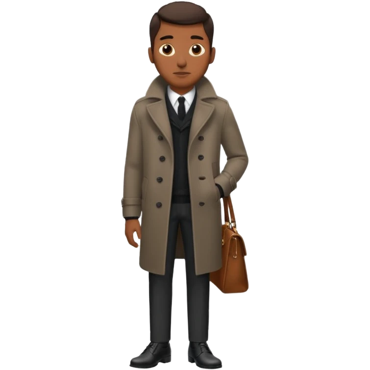Handsome Black guy with brown skin tone, wearing black slacks, a gray sweater, long brown pea coat, and black shoes emoji