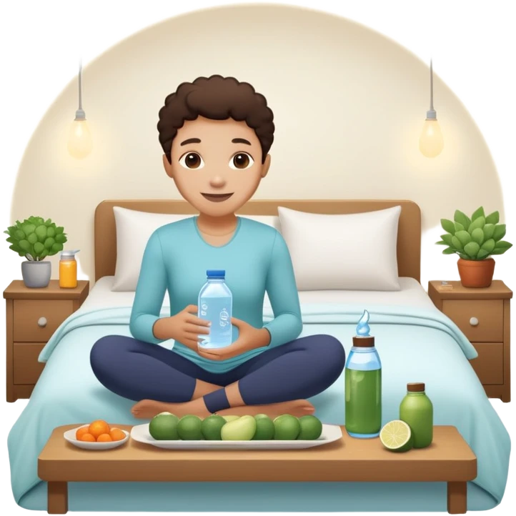 A person in the sun, with a plate of whole foods, water bottle, and glowing bed behind them. Nearby, smiling friends gather—symbolizing balance, healing, and connection through simple daily rituals. emoji