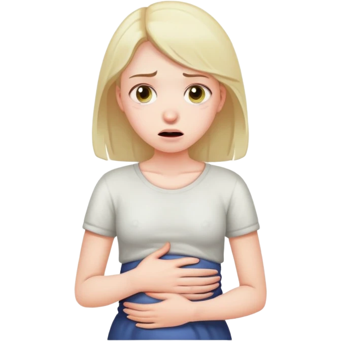 girl with strained facial expression, discomfort, holding stomach, constipation emoji