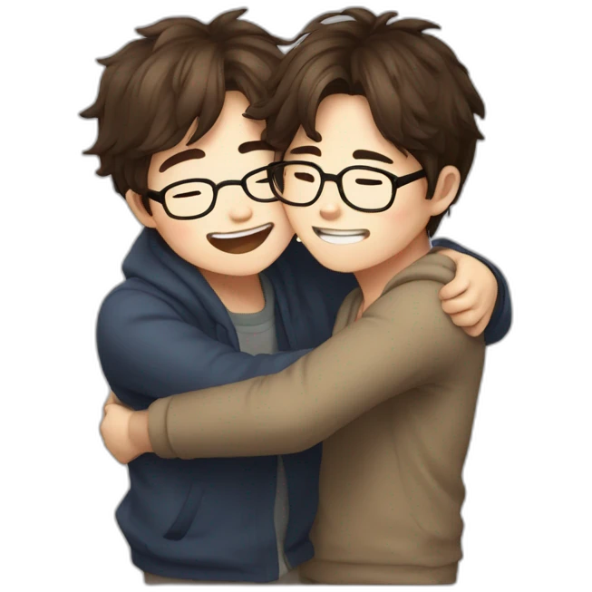Hug between a korean boy and a messy brown hair with glasses emoji
