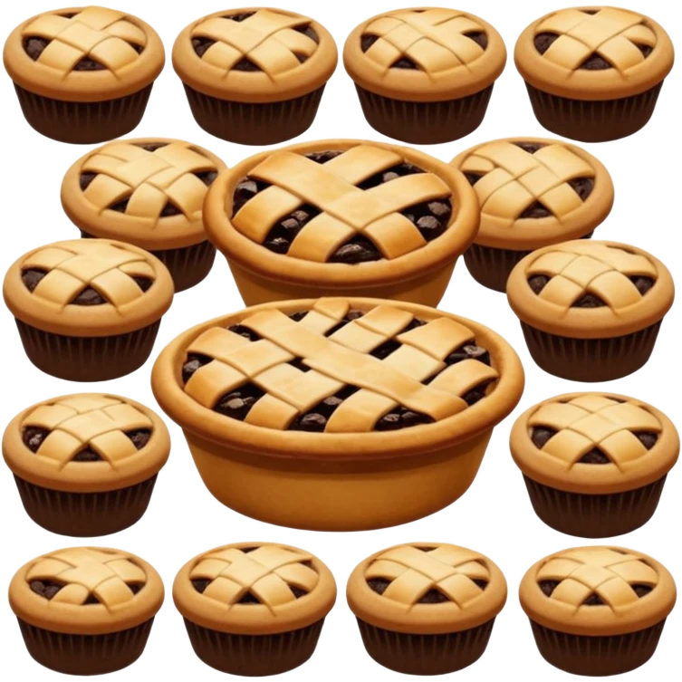 Baking community avatar in clean emoji-style illustration. Pies, cookies, and muffins grouped together, warm golden tones, simple shapes, flat design, high contrast, cozy and friendly. emoji