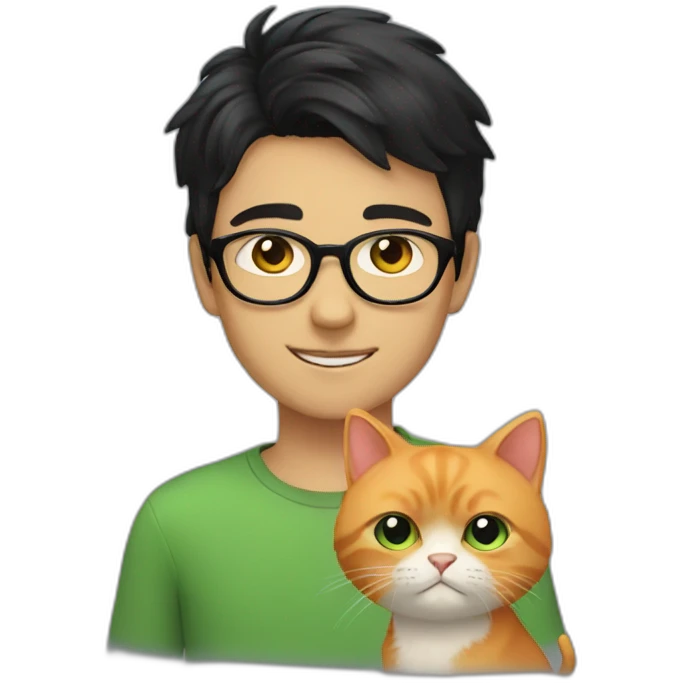 Boy with green eyes, glasses, with black short hair, with orange Persian cat emoji