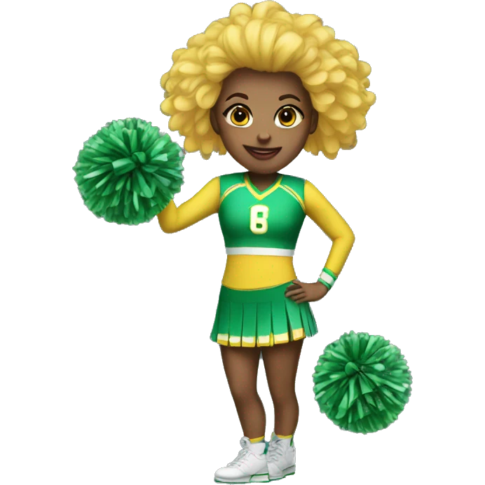 Cheerleader with green and yellow uniform and poms emoji