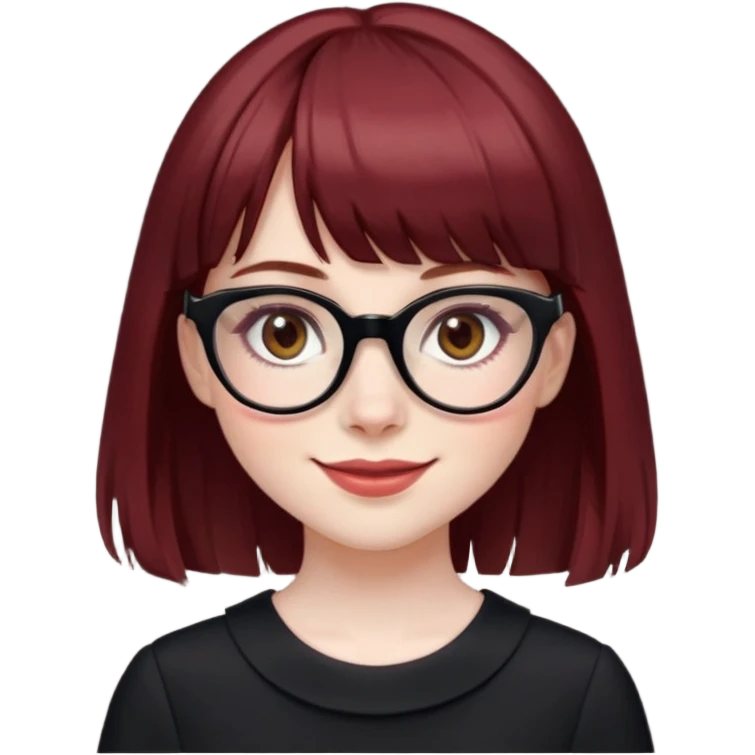 girl,pale skin,dark red hair,almond brown eyes, full bangs,clear glasses,eyeliner,black dress,smiling emoji